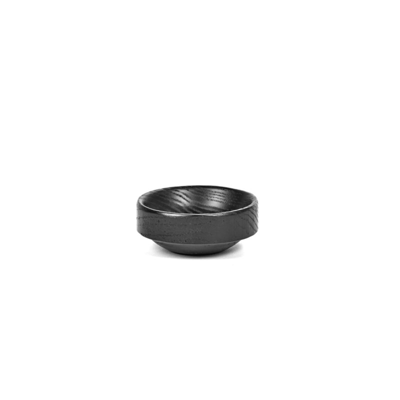 mini bol negro 6 cm diametro para aperitivos tapas mantequilla y cremas accesorios de mesa PASSE-PARTOUT en madera de fresno carbonizada. vista lateral